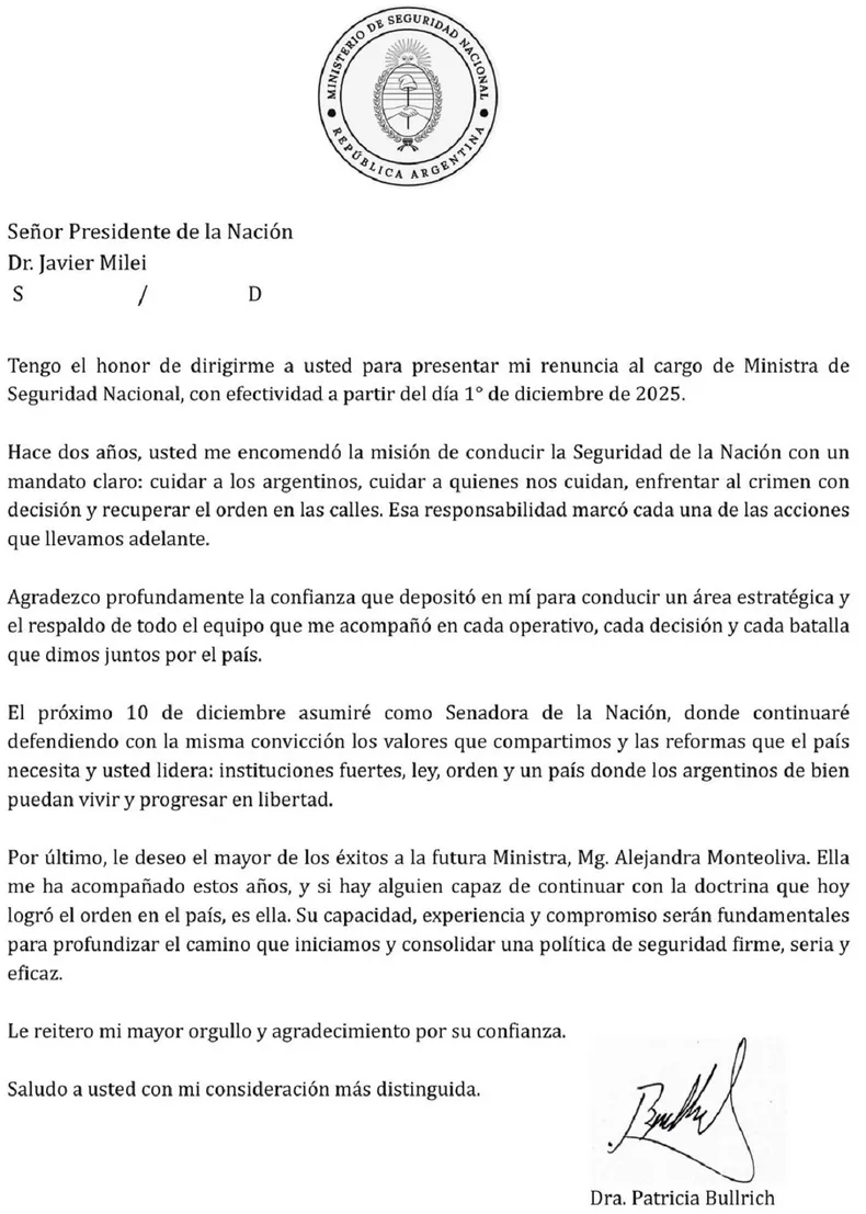 patricia-bullrich-carta-renuncia-ministra-seguridad