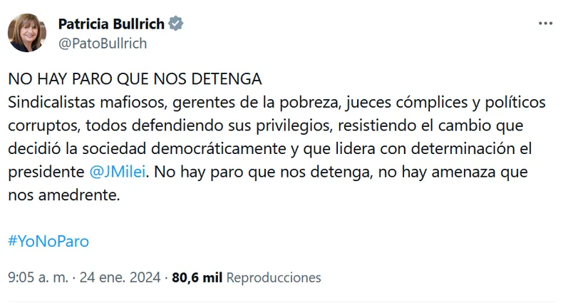 tuit-patricia-bullrich-paro-cgt-24-enero-2024