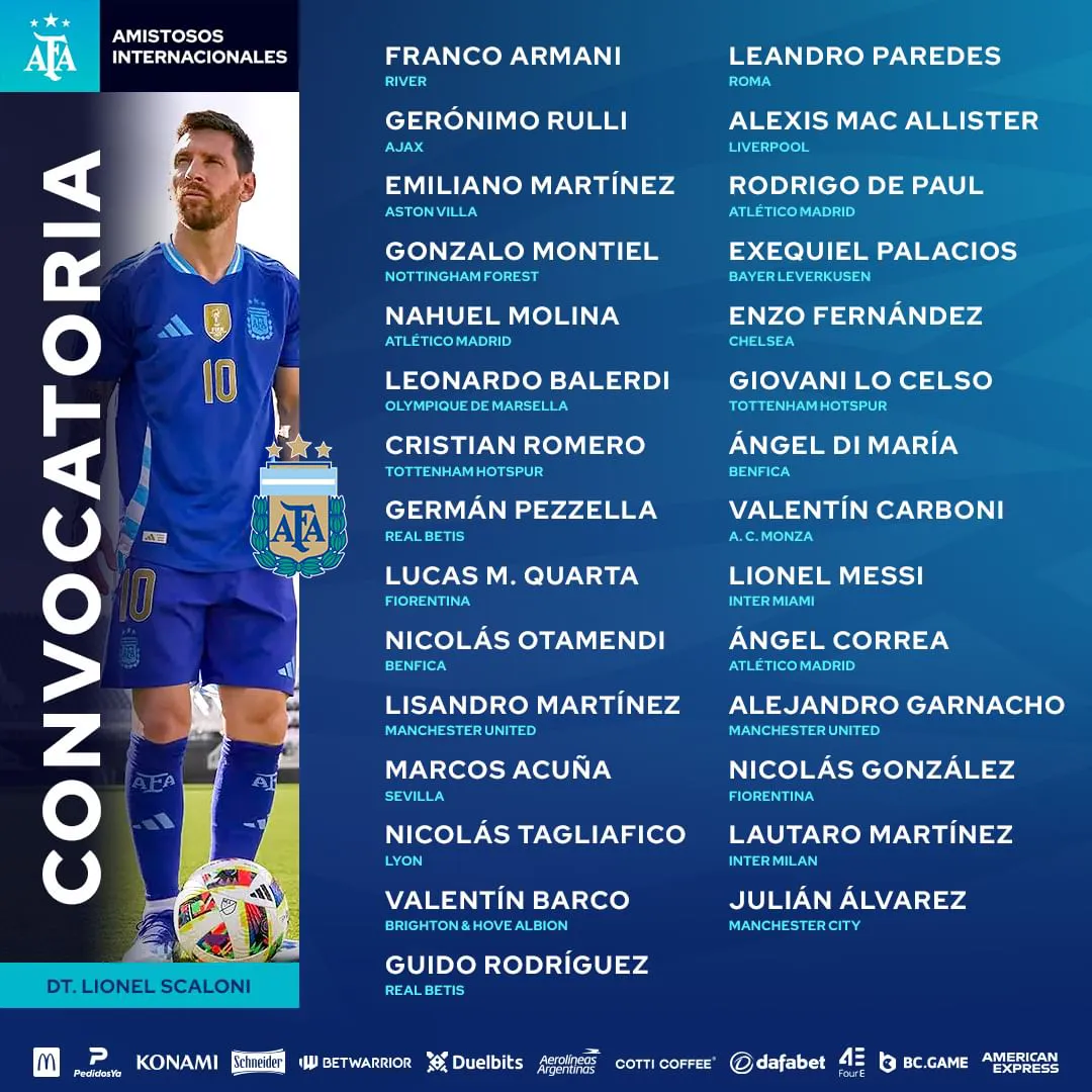 #SelecciónMayor Nómina de futbolistas convocados para los dos amistosos preliminares que jugará Argentina ante Ecuador y Guatemala. ¡Vamos Argentina! 🩵 🩵
